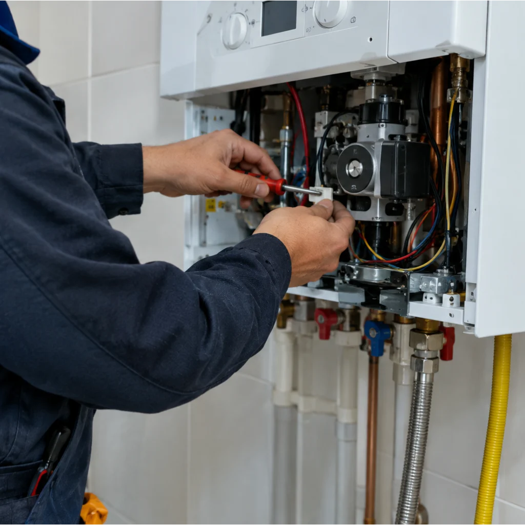 En la imagen se ve un tecnico arreglando una caldera electrica