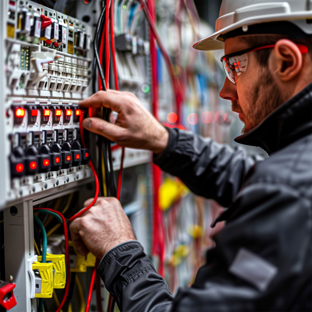 En la imagen se ve un electricista montando una instalacion electrica industrial