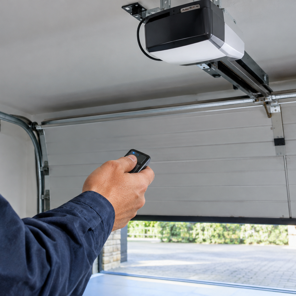 En la imagen se ve un tecnico arreglando una puerta de garage automatica